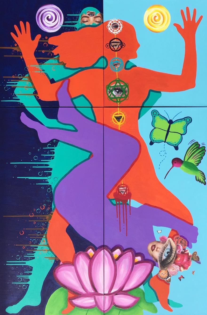 Overlapping orange, purple, and teal figures above a pink lotus, with chakra symbols along the center